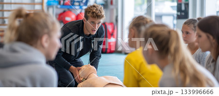 CPR training first aid emergency response instructor group class medical mannequin lifesaving safety education health course teenage students 133996666