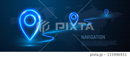 A banner with neon GPS coordinates. Neon map pins on a dark blue background. A banner with neon GPS coordinates. Neon map pins on a dark blue background. 133996931