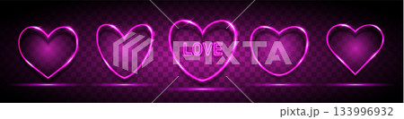 A set of five pink neon heart-shaped neon frames with a place for text on a dark background. A set of five pink neon heart-shaped neon frames with a place for text on a dark background. 133996932