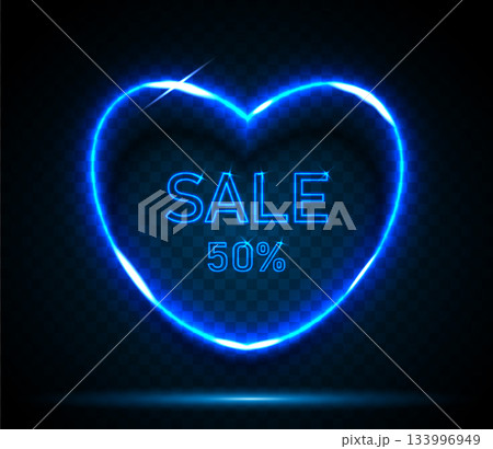Neon heart-shaped frame with the text sale on a black and blue background. 133996949