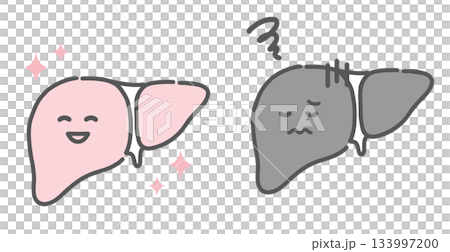 健康な肝臓と不調な肝臓の比較イラスト（キャラクター・肝炎・脂肪肝） 133997200