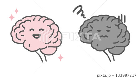 健康な脳と不調な脳の比較イラスト（キャラクター・メンタルヘルス） 133997217