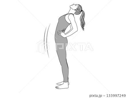 ストレッチ 腰に手を当て状態を反らして伸びをする女性のイラスト 全身横向き ストレッチ 腰に手を当て状態を反らして伸びをする女性のイラスト 全身横向き 133997249