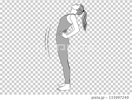ストレッチ 腰に手を当て状態を反らして伸びをする女性のイラスト 全身横向き ストレッチ 腰に手を当て状態を反らして伸びをする女性のイラスト 全身横向き 133997249