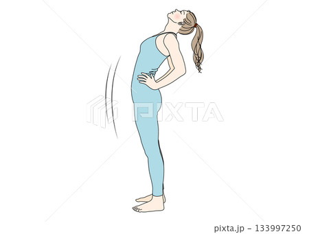 ストレッチ 腰に手を当てて背中を伸ばす女性のイラスト 全身横向き ストレッチ 腰に手を当てて背中を伸ばす女性のイラスト 全身横向き 133997250