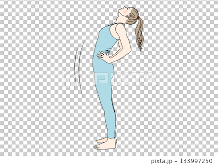 ストレッチ 腰に手を当てて背中を伸ばす女性のイラスト 全身横向き ストレッチ 腰に手を当てて背中を伸ばす女性のイラスト 全身横向き 133997250