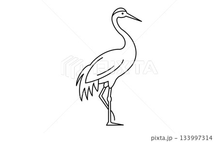 和風デザインに使える鶴の線画素材イラストアイコン 133997314
