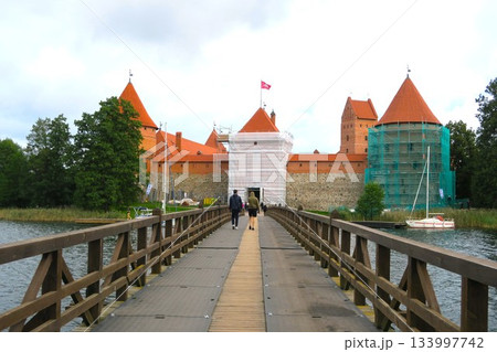 ルコス湖に浮かぶ修復中のトゥラカイ城 133997742