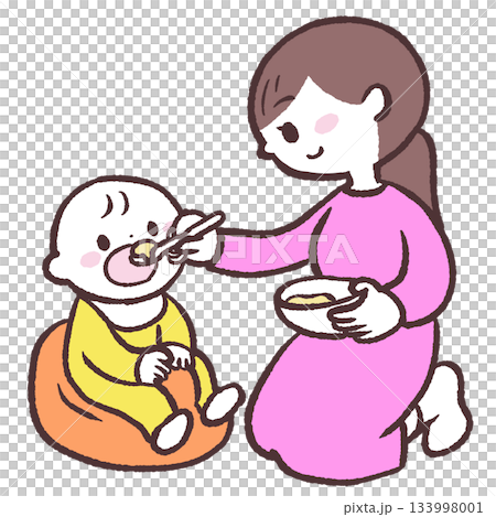 赤ちゃんに離乳食をあげる女性のイラスト 133998001