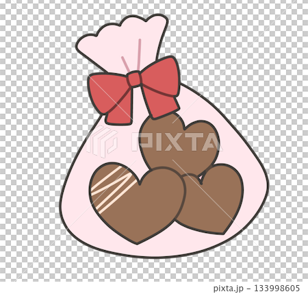A pink bag with a ribbon containing three heart-shaped chocolates A pink bag with a ribbon containing three heart-shaped chocolates 133998605
