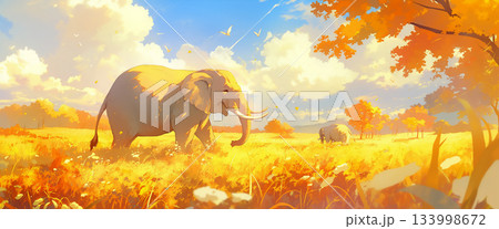 紅葉した秋の草原の2匹のゾウ、アニメ風 133998672