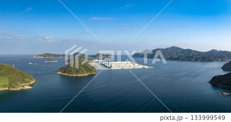 ドローン空撮した長崎県上五島青方港の海と国家石油備蓄基地 ドローン空撮した長崎県上五島青方港の海と国家石油備蓄基地 133999549