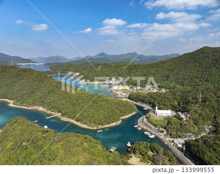 ドローン空撮した長崎県上五島町桐古里郷のカトリック桐教会がある風景 ドローン空撮した長崎県上五島町桐古里郷のカトリック桐教会がある風景 133999555