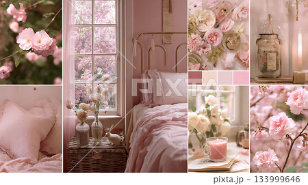 ピンクの花と春の寝室、ロマンチックな雰囲気 133999646
