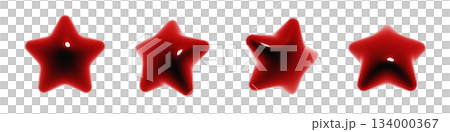 一組閃亮蓬鬆的星形3D圖示。血紅色裝飾材料。 一組閃亮蓬鬆的星形3D圖示。血紅色裝飾材料。 134000367