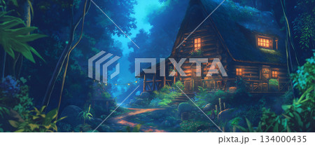 夜の森のログハウス、アニメ風 134000435