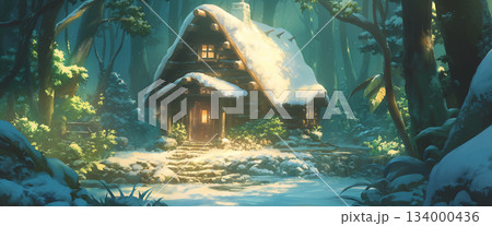 冬の森のログハウス、アニメ風 冬の森のログハウス、アニメ風 134000436