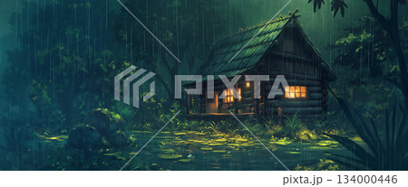 雨が降る森のログハウス、アニメ風 雨が降る森のログハウス、アニメ風 134000446