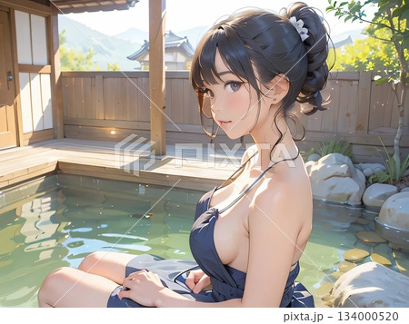 露天風呂のひととき：和風旅館で癒される女性 134000520