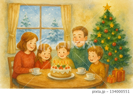 クリスマス　家族団欒　イメージ　水彩画 134000551