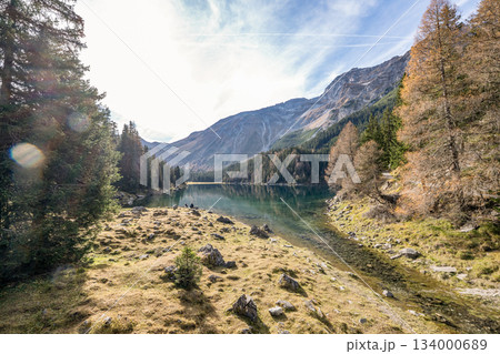 Summer time at romantic forest Lake Obernberg scenic mountain lakes landscape in Austria, Tyrol 134000689