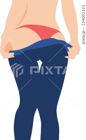 ジーンズを脱いでいる女性の足のイラスト	 134001321