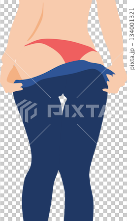 ジーンズを脱いでいる女性の足のイラスト	 134001321