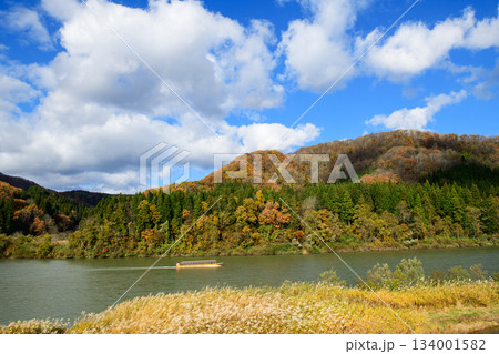 最上川絶景 川上に戻る舟下り船 山形県 最上川絶景 川上に戻る舟下り船 山形県 134001582