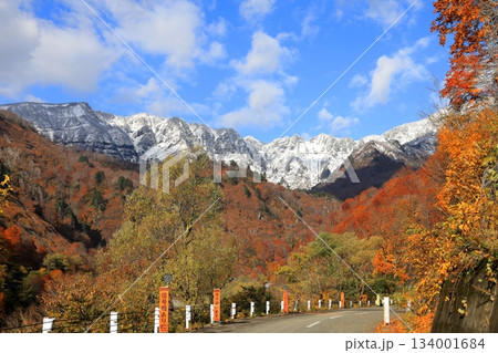 六十里越雪割り街道から望む初冠雪した浅草岳 134001684