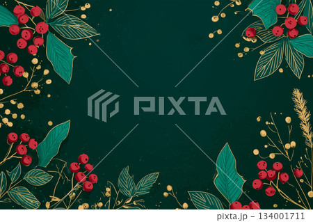 赤い実とグリーンリーフのフレーム背景｜冬のイベントやクリスマスにぴったりな装飾素材 134001711
