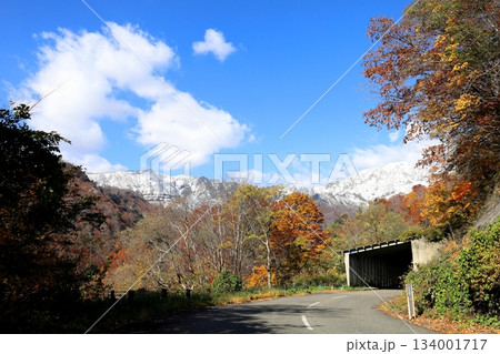 六十里越雪割り街道の紅葉と初冠雪した浅草岳 六十里越雪割り街道の紅葉と初冠雪した浅草岳 134001717
