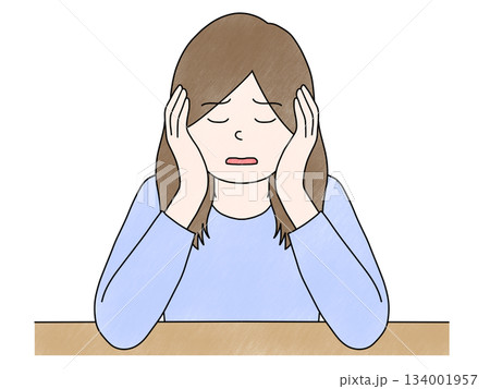 頬杖をついている女性・頭痛が辛い女性のイラスト 134001957