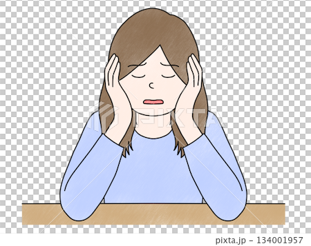 插圖描繪了一位手托下巴的女子和一位頭痛的女子 134001957