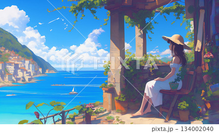 海を望むベランダと麦わら帽子の女の子、アニメ風 海を望むベランダと麦わら帽子の女の子、アニメ風 134002040