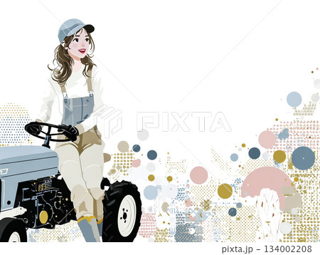 春の畑でトラクターを運転する若い女性 134002208