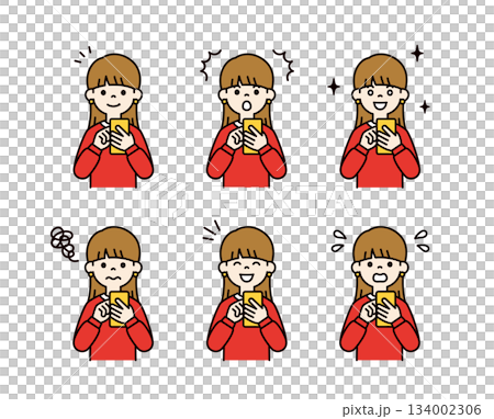 Vector illustration material set of young women and students with various facial expressions operating smartphones_Color 134002306
