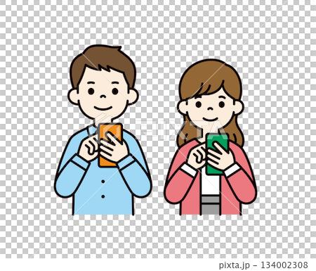 Upper body vector illustration set of men and women in their 20s and 30s operating smartphones_Color 134002308