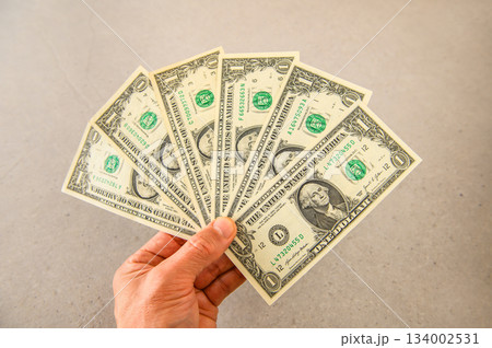 米1ドル紙幣6枚を左手で扇状に広げ手前から差し出すアングルワイドショット 134002531