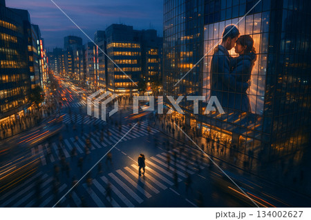 ネオンと光跡のロマンス：東京、夜の交差点の愛 134002627