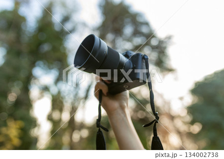 Close-up of a digital camera held up by a hand outdoors, with soft bokeh background in a green park. Photography equipment in natural light, creative shooting moment. 134002738
