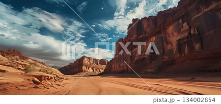 壮大な砂漠の風景と青空 134002854