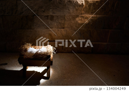 Manger Scene. Nativity Manger Scene with Light Symbolizing the Birth of Jesus 134004249