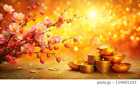 Red plum-blossom angpao envelope with gold coins 134005293