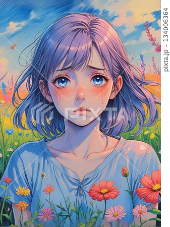 可愛い女の子とコスモスの花畑 134006364