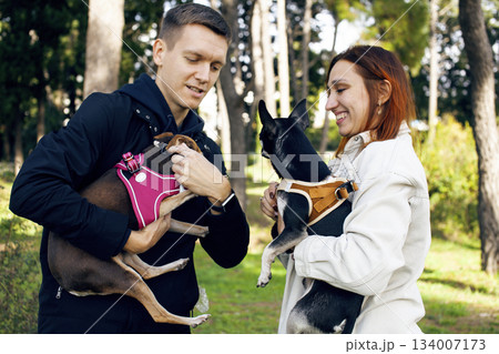 young couple walking with dogs, lifestyle people concept young couple walking with dogs, lifestyle people concept 134007173