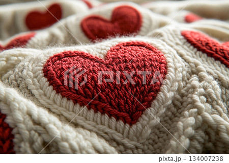 Wool yarns. Red heart pattern is crochet on a modern sweater. Creative hobby. Valentines Day concept. Wool yarns. Red heart pattern is crochet on a modern sweater. Creative hobby. Valentines Day concept. 134007238