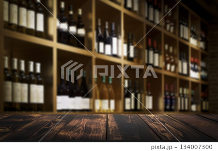 Dark Wood Table Top with Blurred Wine Bottle Shelves Background 134007300