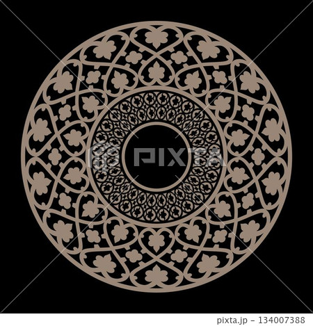 Oriental pattern with arabesque, floral element. Traditional gold round ornament. Ethnic decorative element. Islam, Arabic, Indian, ottoman motifs. For textiles, engraving, forging, embroidery, plate, Oriental pattern with arabesque, floral element. Traditional gold round ornament. Ethnic decorative element. Islam, Arabic, Indian, ottoman motifs. For textiles, engraving, forging, embroidery, plate, 134007388