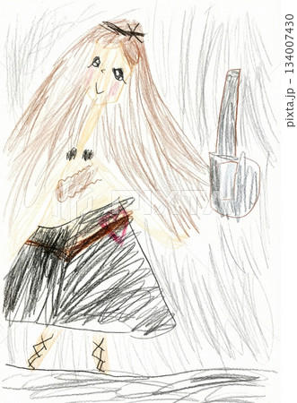 幼稚園児が描いたギターを持つバンドマンの女の子 134007430