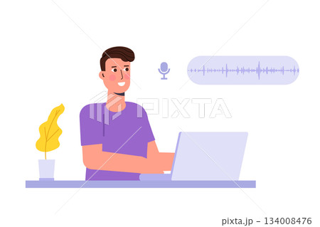 Voice search concept. Character speaking on microphone. Flat Vector illustration. 134008476